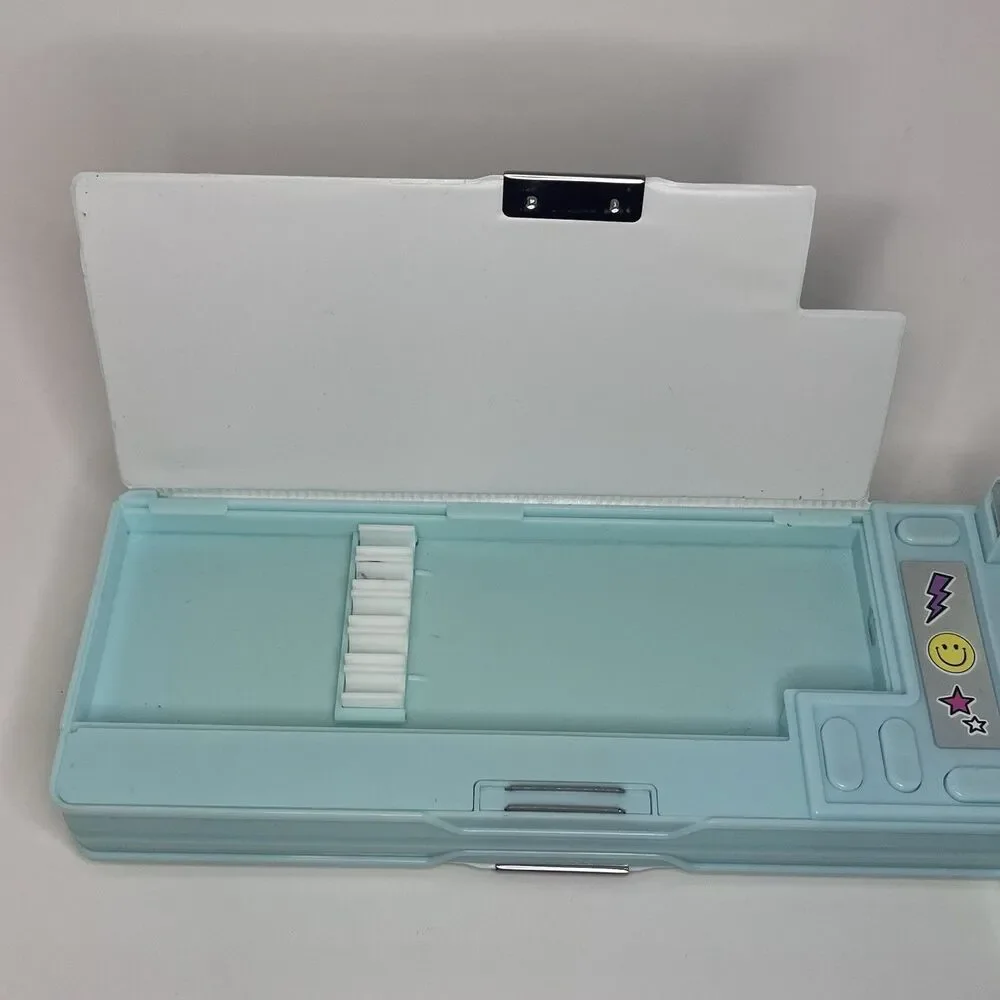Justice Pencil Case Light Blue W/ Sharpener, Calculator, 2 Large Compartments